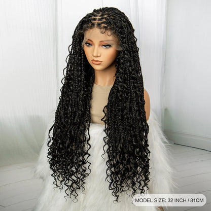 Synthetic Lace Front Knotless Box Braided Wigs for Black Women Lace Frontal Braiding Hair Wig with Curly Ends Narural Braids Wig