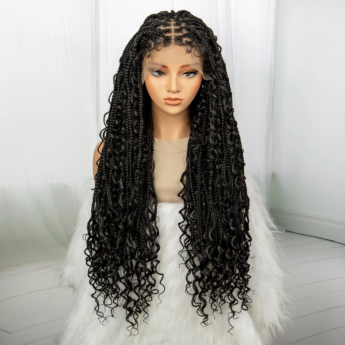 Synthetic Lace Front Knotless Box Braided Wigs for Black Women Lace Frontal Braiding Hair Wig with Curly Ends Narural Braids Wig