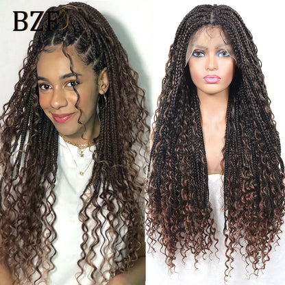 Boho Chic: Brown Box Braided Lace Front Wig with Curly Ends