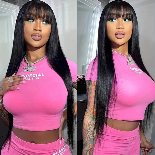 Straight Human Hair Wigs With Bangs 3x1 Middle Part Lace Wig 100% Human Hair Wigs Brazilian Glueless Fringe Wig Full Machine Wig