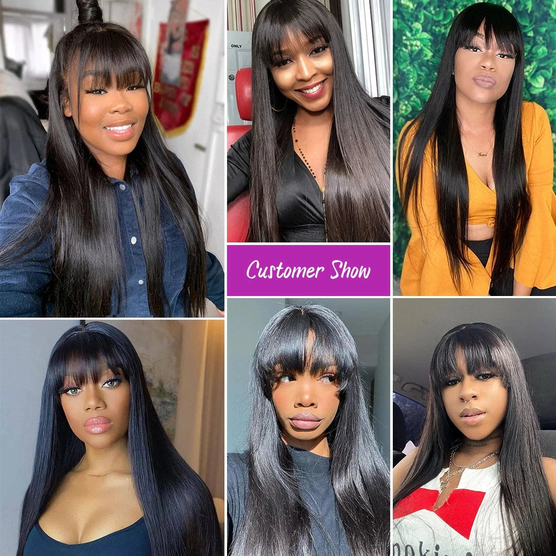 Straight Human Hair Wigs With Bangs 3x1 Middle Part Lace Wig 100% Human Hair Wigs Brazilian Glueless Fringe Wig Full Machine Wig