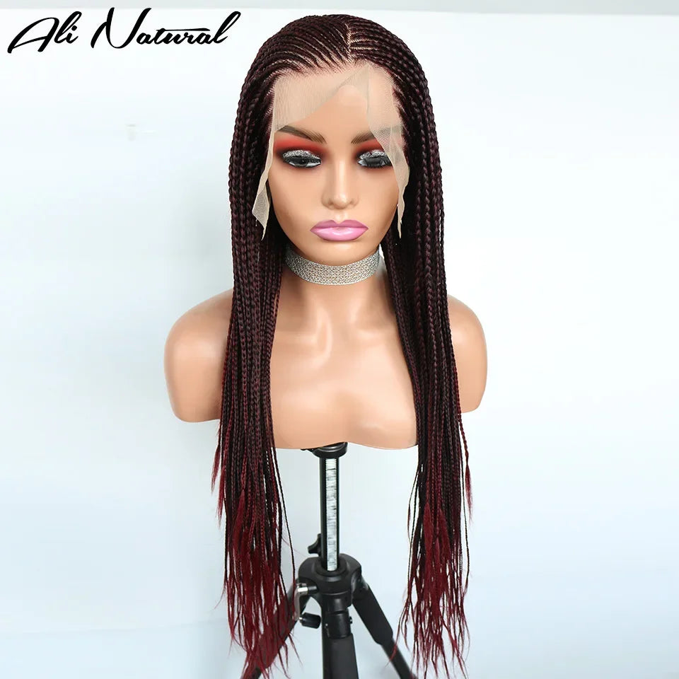 Ombre Burgundy 13x6 Lace Frontal Braids Wig Synthetic 99J Color Cornrow Braided Lace Front Wig Glueless Wine Red Braiding Wig