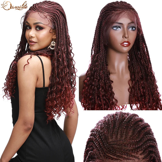 S-noilite 26inch Synthetic Braided Lace Front Wig Daily Use Red Brown Ombre Box Braid Hair Wigs With Baby Hair For Women