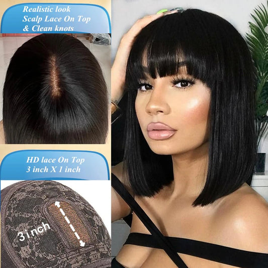 Wiggogo 3X1 Middle Part Lace Wig Straight Human Hair Wig With Bangs Glueless Wig Human Hair Ready To Wear And Go 100% Human Hair