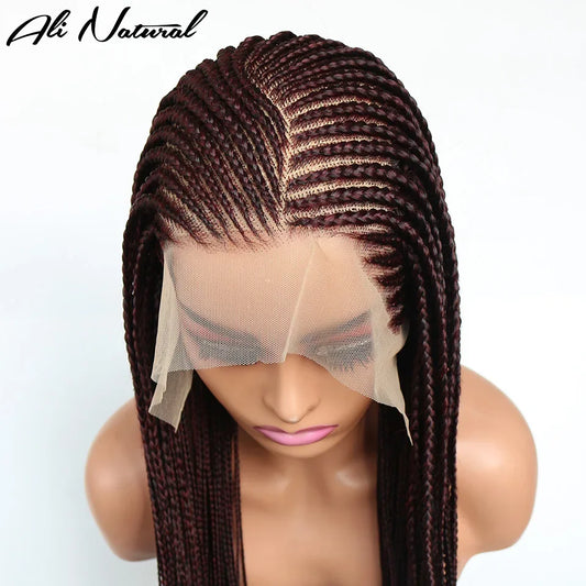 Ombre Burgundy 13x6 Lace Frontal Braids Wig Synthetic 99J Color Cornrow Braided Lace Front Wig Glueless Wine Red Braiding Wig