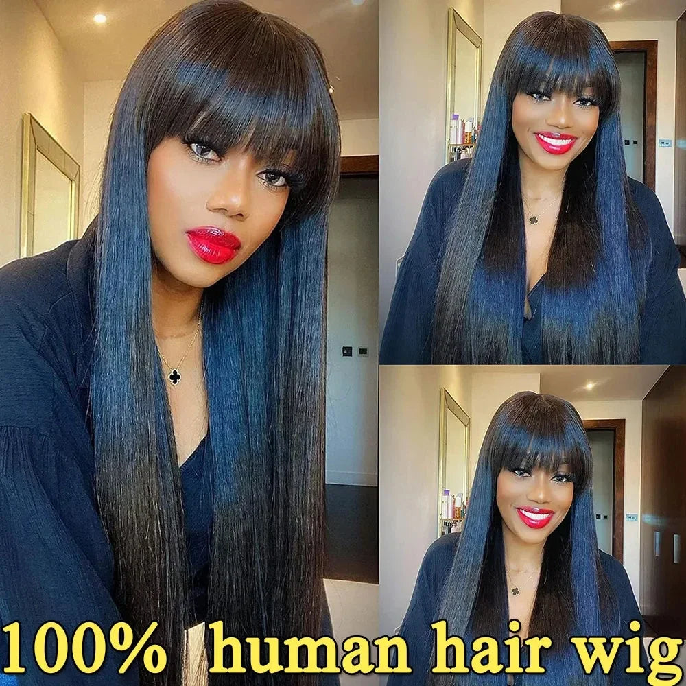 Straight Human Hair Wigs With Bangs 3x1 Middle Part Lace Wig 100% Human Hair Wigs Brazilian Glueless Fringe Wig Full Machine Wig