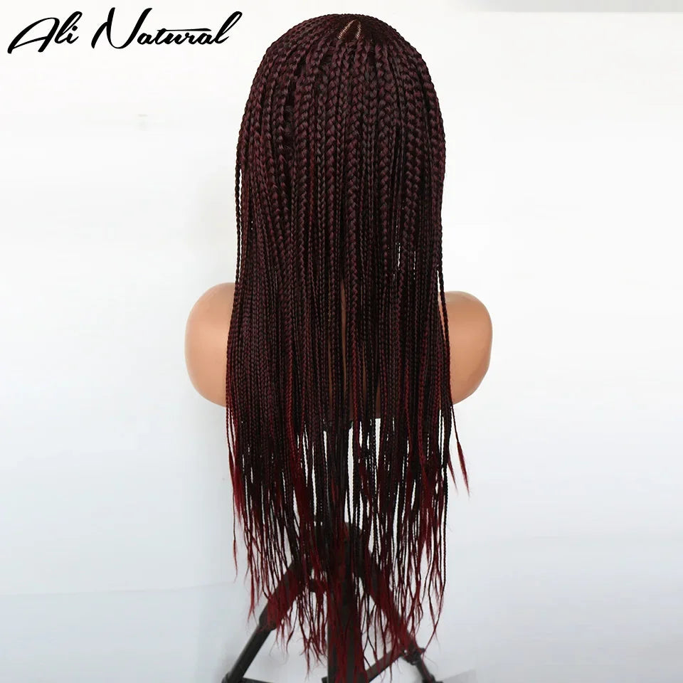 Ombre Burgundy 13x6 Lace Frontal Braids Wig Synthetic 99J Color Cornrow Braided Lace Front Wig Glueless Wine Red Braiding Wig